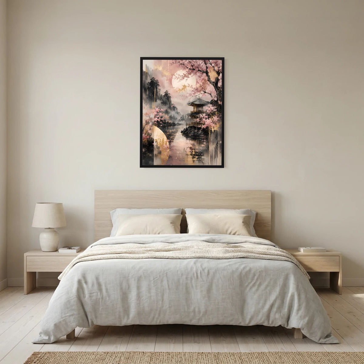 Hochformatposter mit Kirschblüten und Tempel am See in Rosa und Gold, schwarzer Rahmen