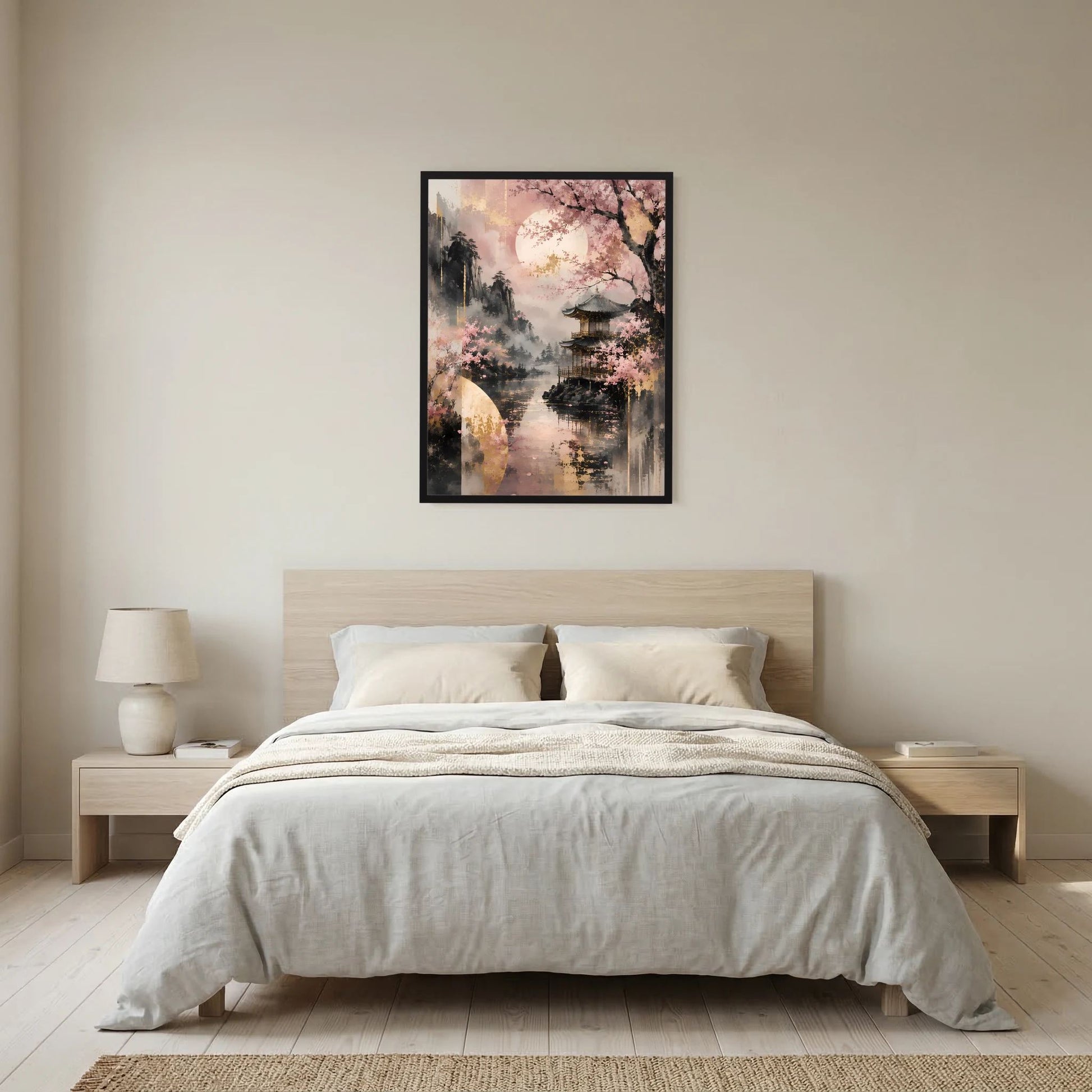 Hochformatposter mit Kirschblüten und Tempel am See in Rosa und Gold, schwarzer Rahmen