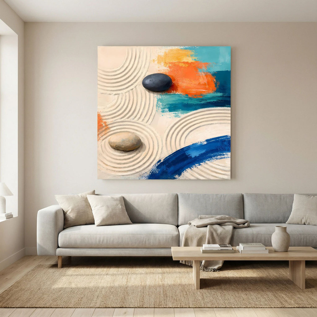 Abstraktes Leinwandbild mit Sandwellen, zwei Steinen und blauem Pinselbogen unten