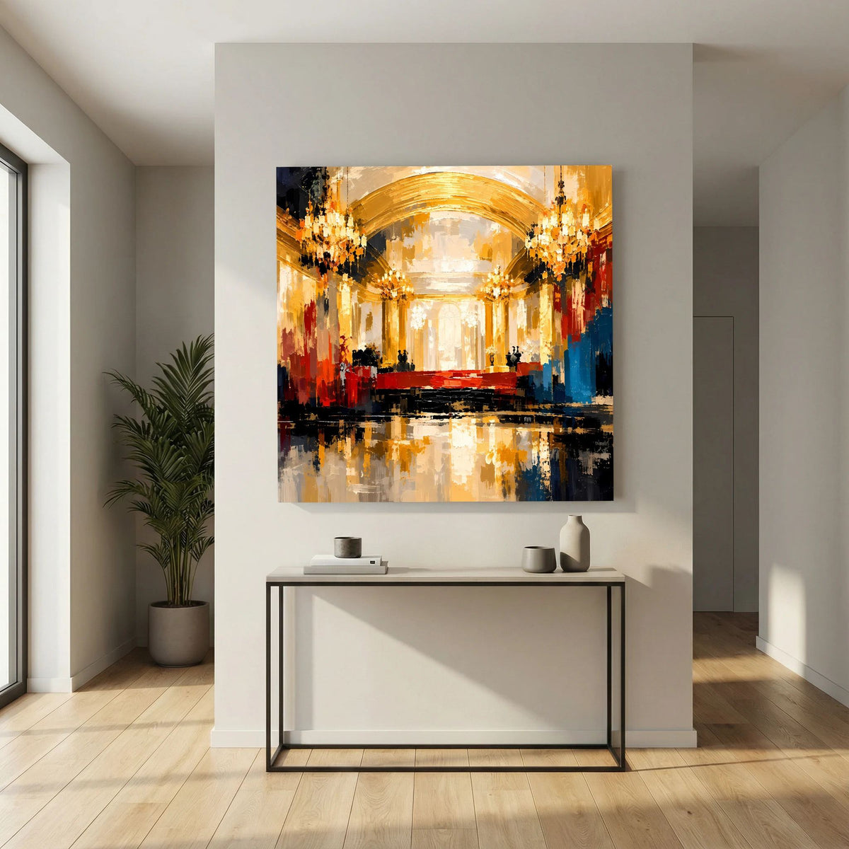 Leinwand Abstraktes Palast Saal Gemälde | Modernes Elegantes Wandbild Ballsaal Gold Rot