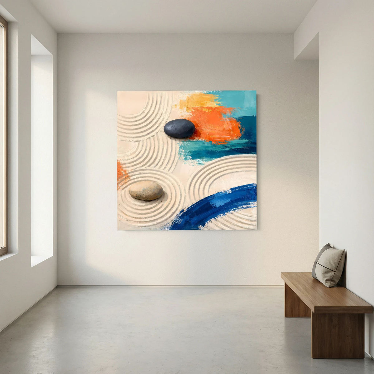 Leinwandbild mit kreisförmigen Sandlinien, zwei Steinen und orange-blauen Farbflecken