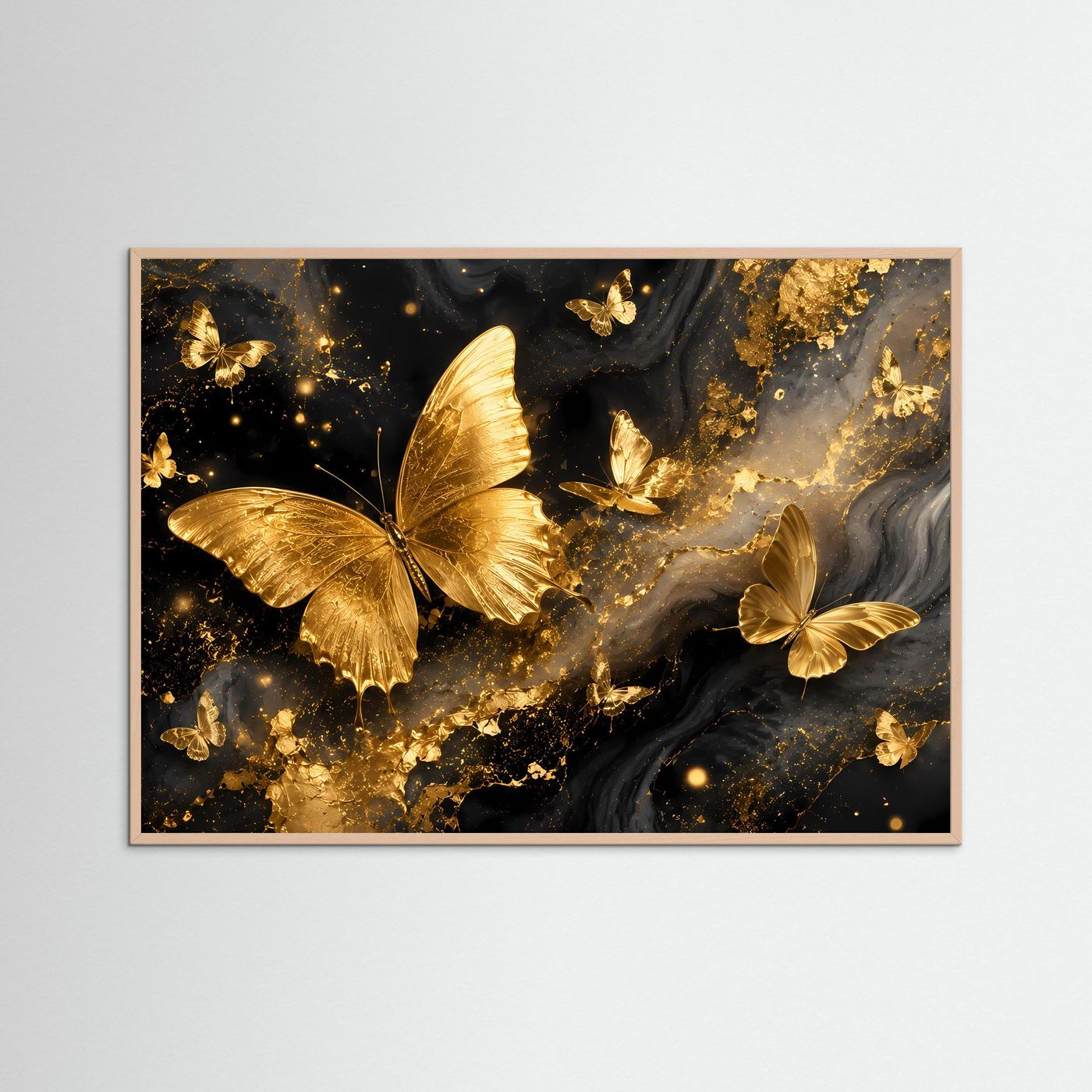 Goldene Schmetterlinge Poster | Luxuriöse Schmetterling Wandkunst in Gold | Abstrakte Schwarz Gold Kunst | Elegantes Premium Leinwandbild | Moderne Wall Art