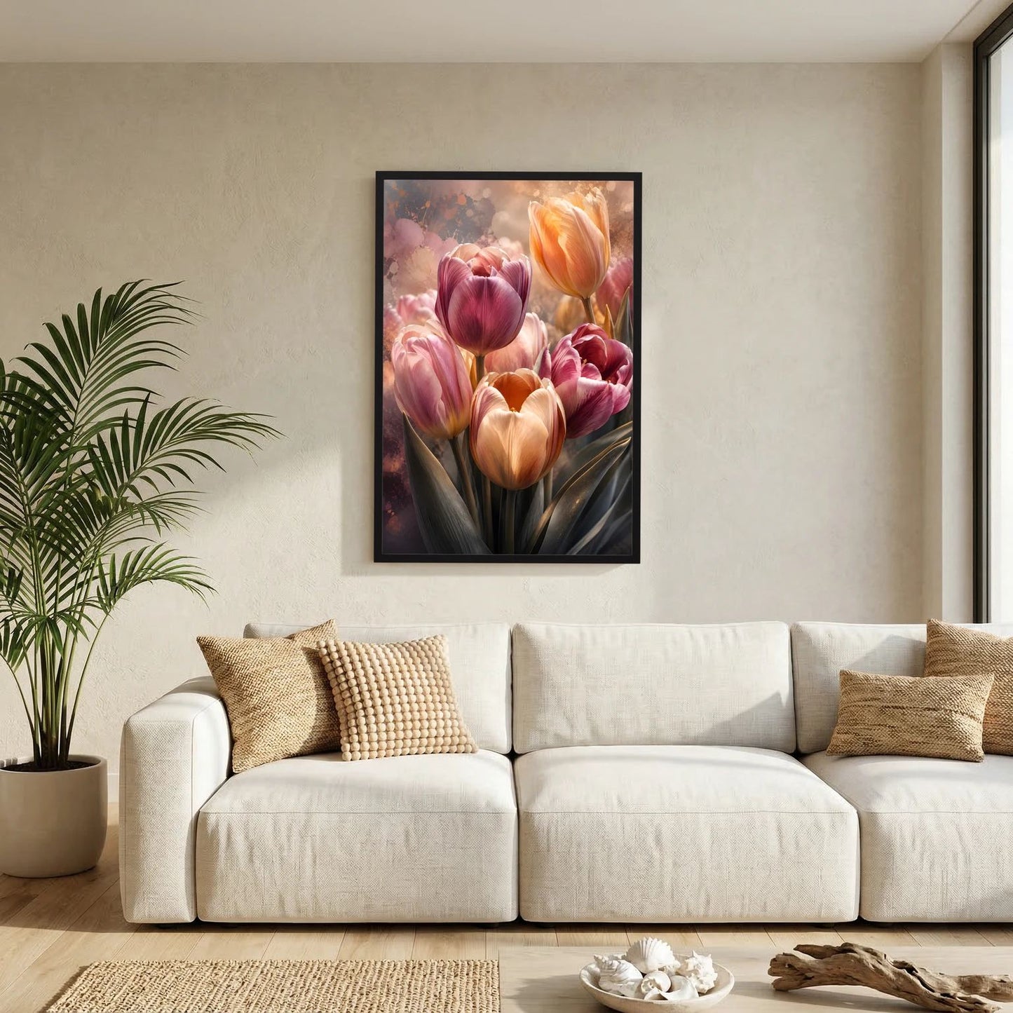 Tulpenposter im schwarzen Holzrahmen mit Tulpenblüten in Rosa und Apricot.