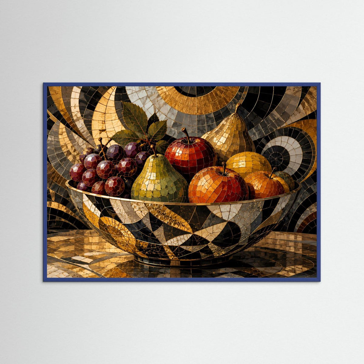 Mosaik-Obststillleben mit blauem Rahmen; Obstschale mit Trauben, Äpfeln und Birnen