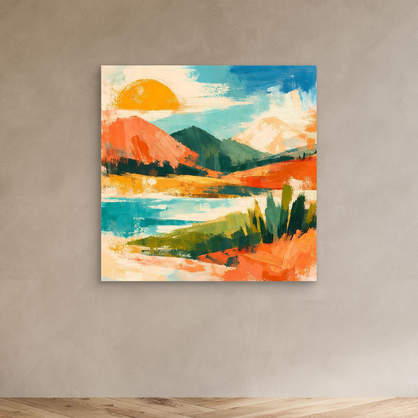 Leinwandbild mit abstrakter See- und Berglandschaft, orange Sonne, türkis und orange Farben