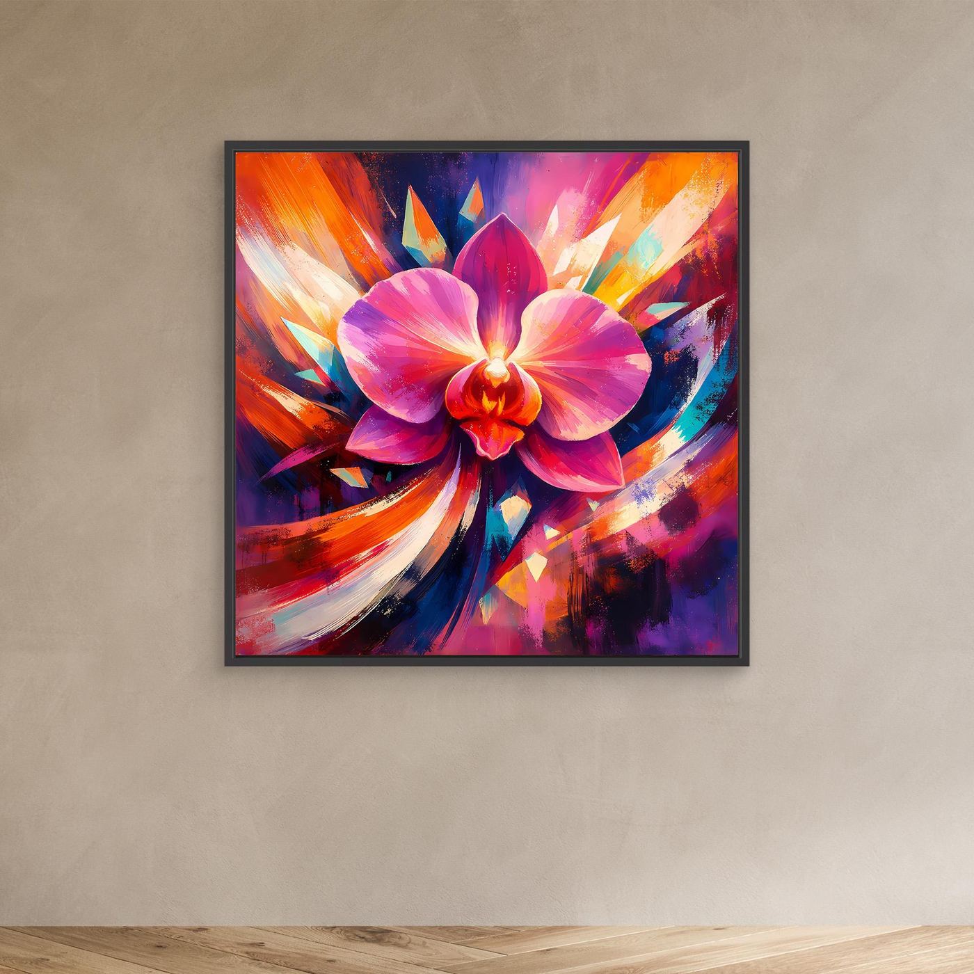 Leinwandbild mit abstrakter Orchidee in Pink und Lila, schwarzer Rahmen