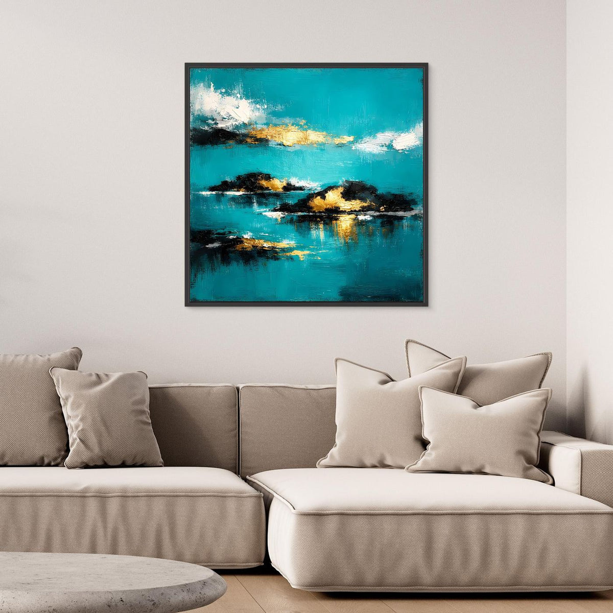 Abstraktes Wandbild, türkis und gold mit dunklen Inseln und Spiegelung