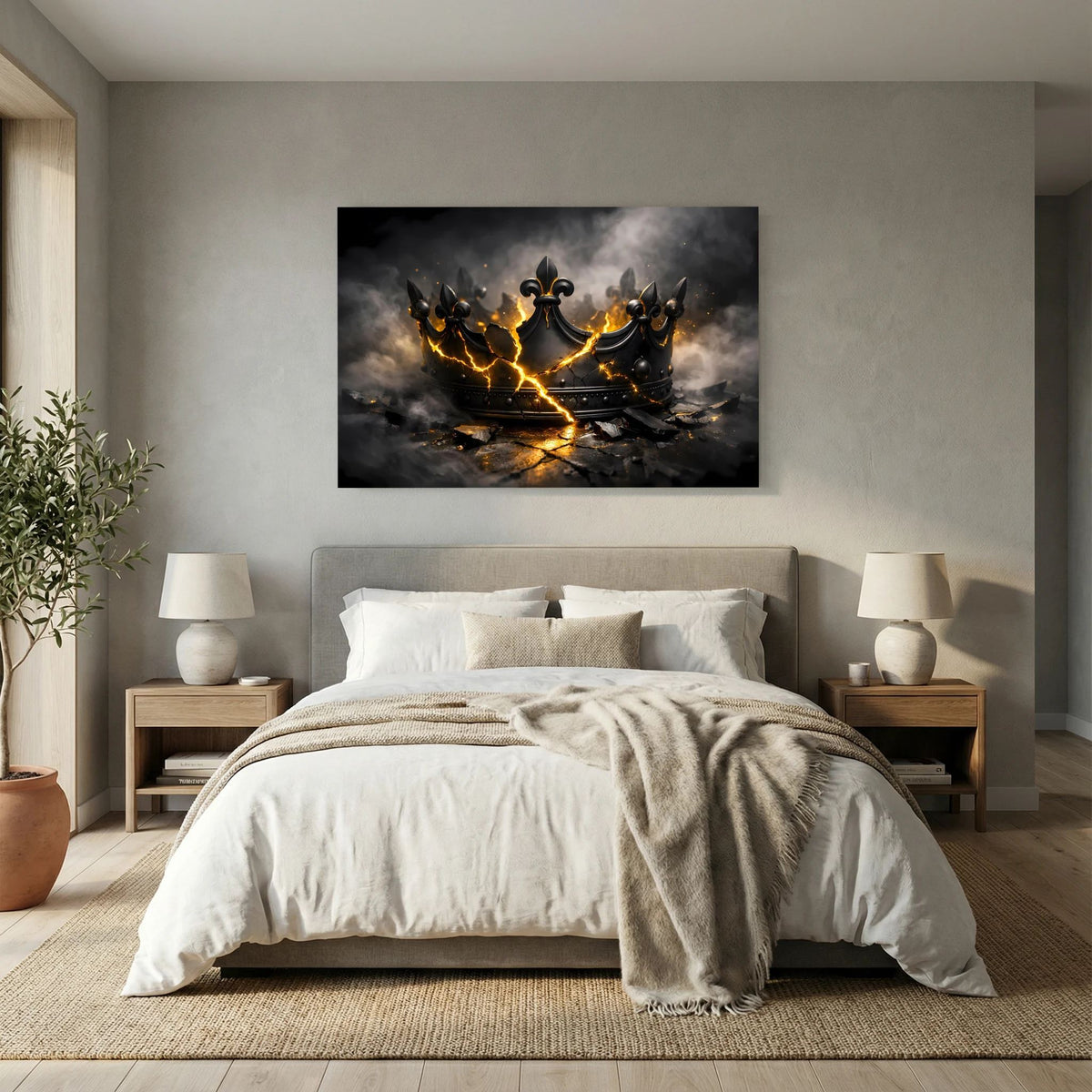Wandbild im Querformat mit zerbrochener schwarzer Krone, goldenen Funken in Rauch