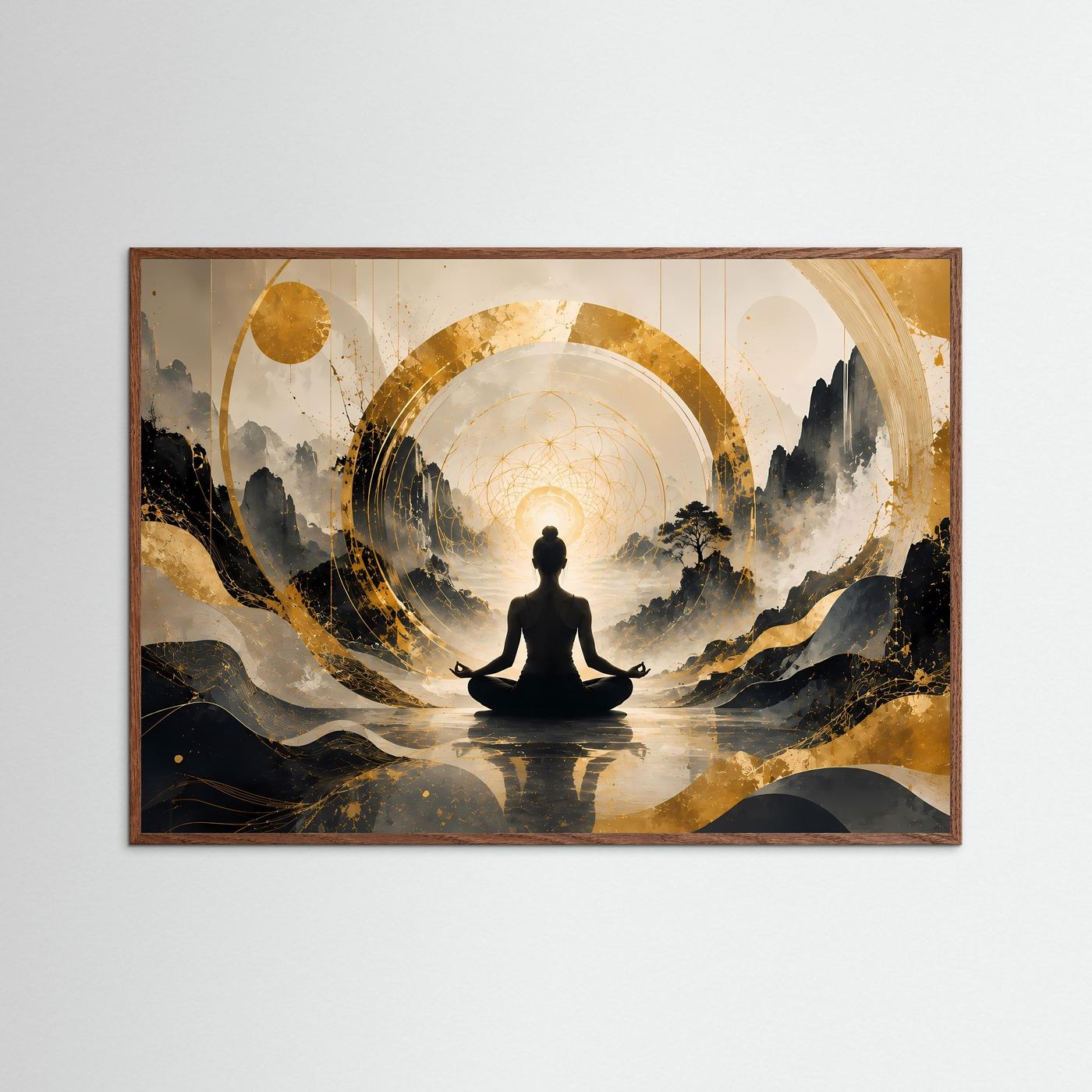 Meditierende Frau in Berglandschaft | Spirituelle Kunst in Schwarz & Gold