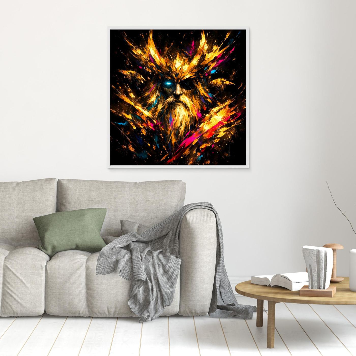 Leinwand Goldener Odin der Allvater mit Raben | Modernes Nordisches Mythologie Wandbild