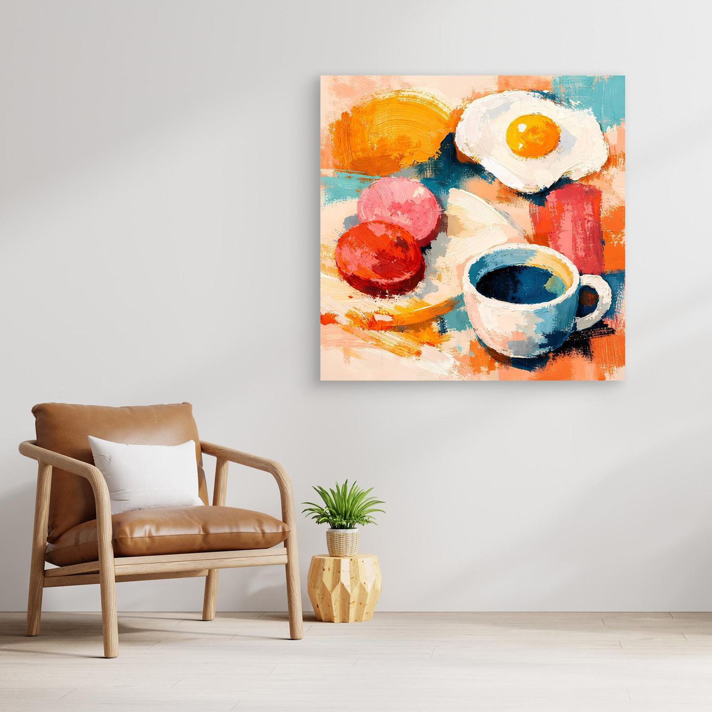 Abstraktes Wandbild aus Leinwand mit Spiegelei, Kaffeetasse und Früchten ohne Rahmen