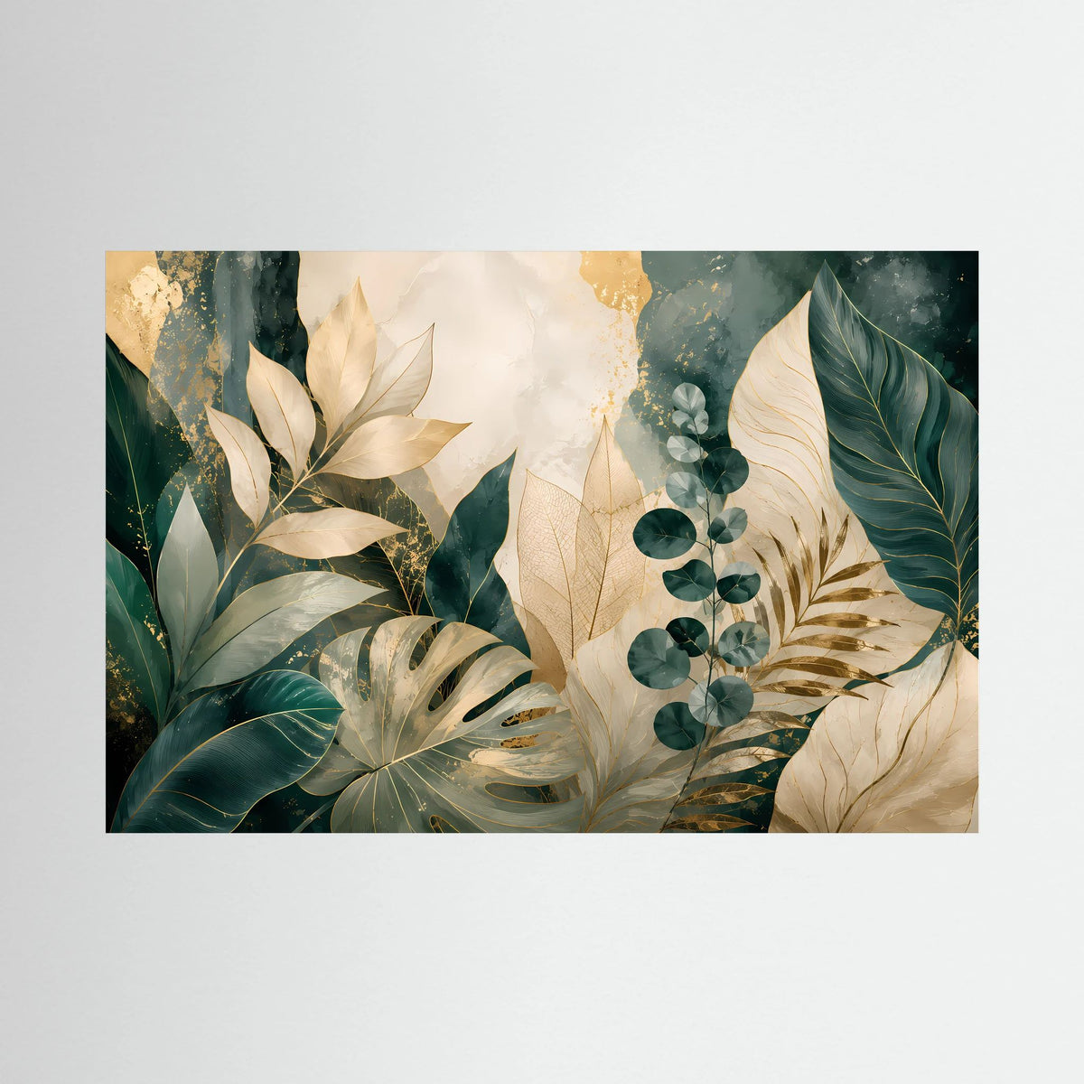 Querformat-Poster mit abstrakten Blättern in Grün, Creme und Gold, ohne sichtbaren Rahmen