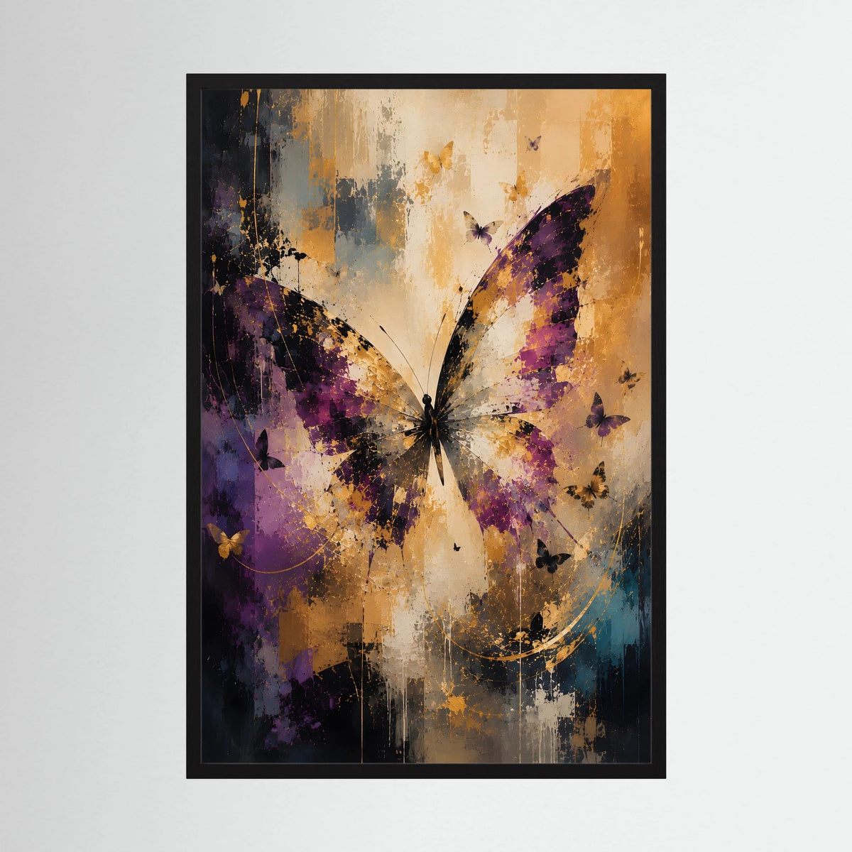 Hochformat-Kunstposter: abstrakte Schmetterlinge in Violett, Creme & Gold, schwarzer Rahmen