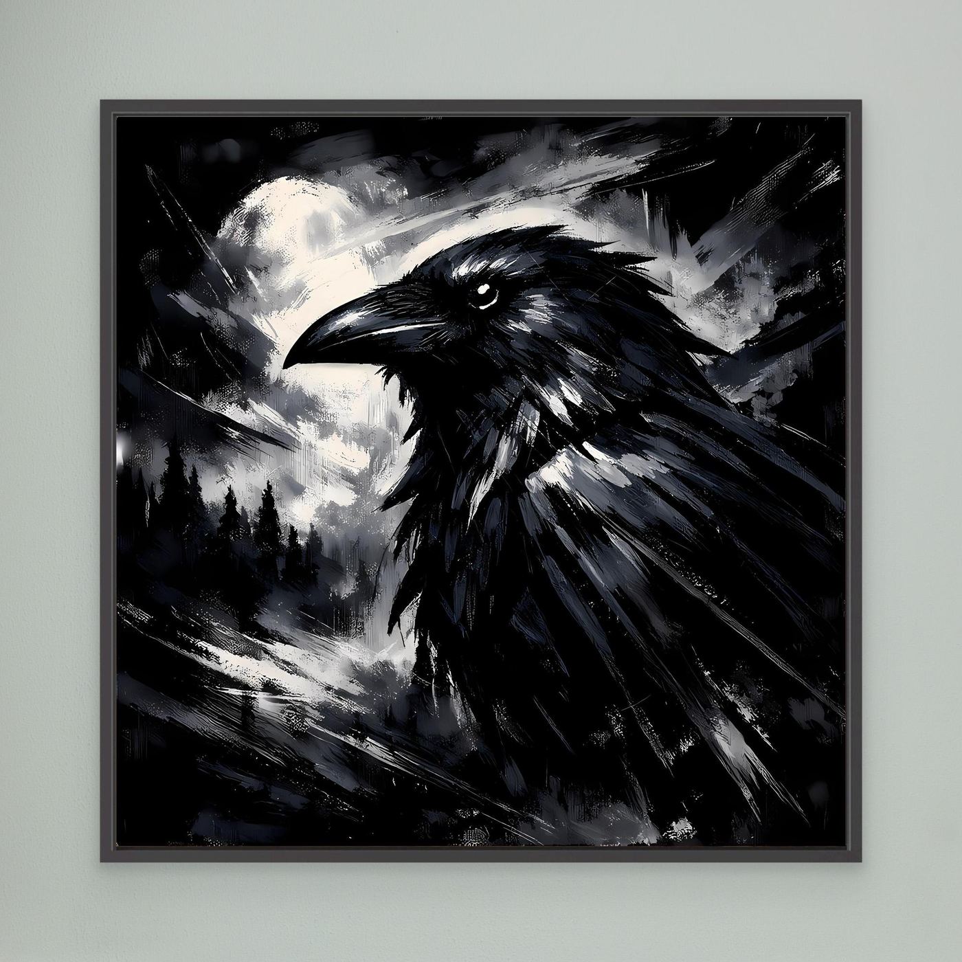 Gothisches Leinwand-Wandbild mit schwarzem Rabenmotiv und silbrigem Vollmond, schwarzer Rahmen