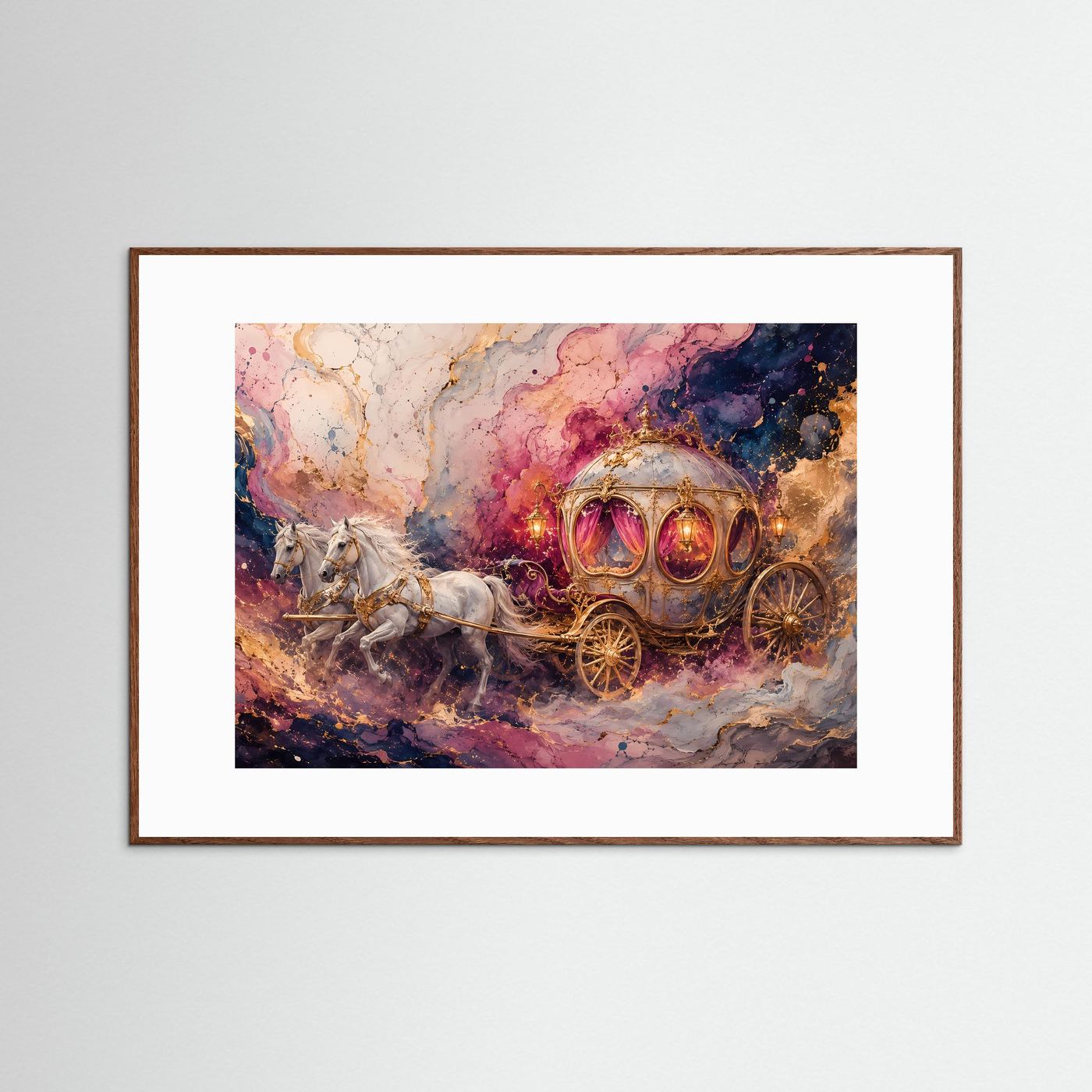 Märchenhafte Kutsche mit weißen Pferden | Fantasy Kunst in Rosa & Gold