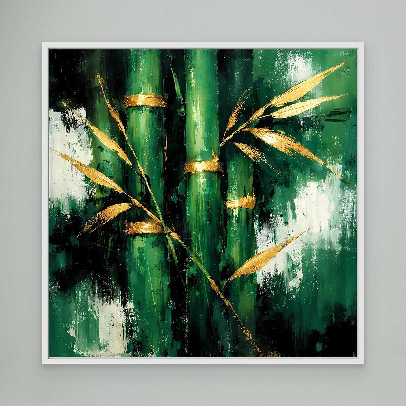 Leinwand Abstraktes Bambus Gemälde in Grün und Gold | Modernes Natur Wandbild