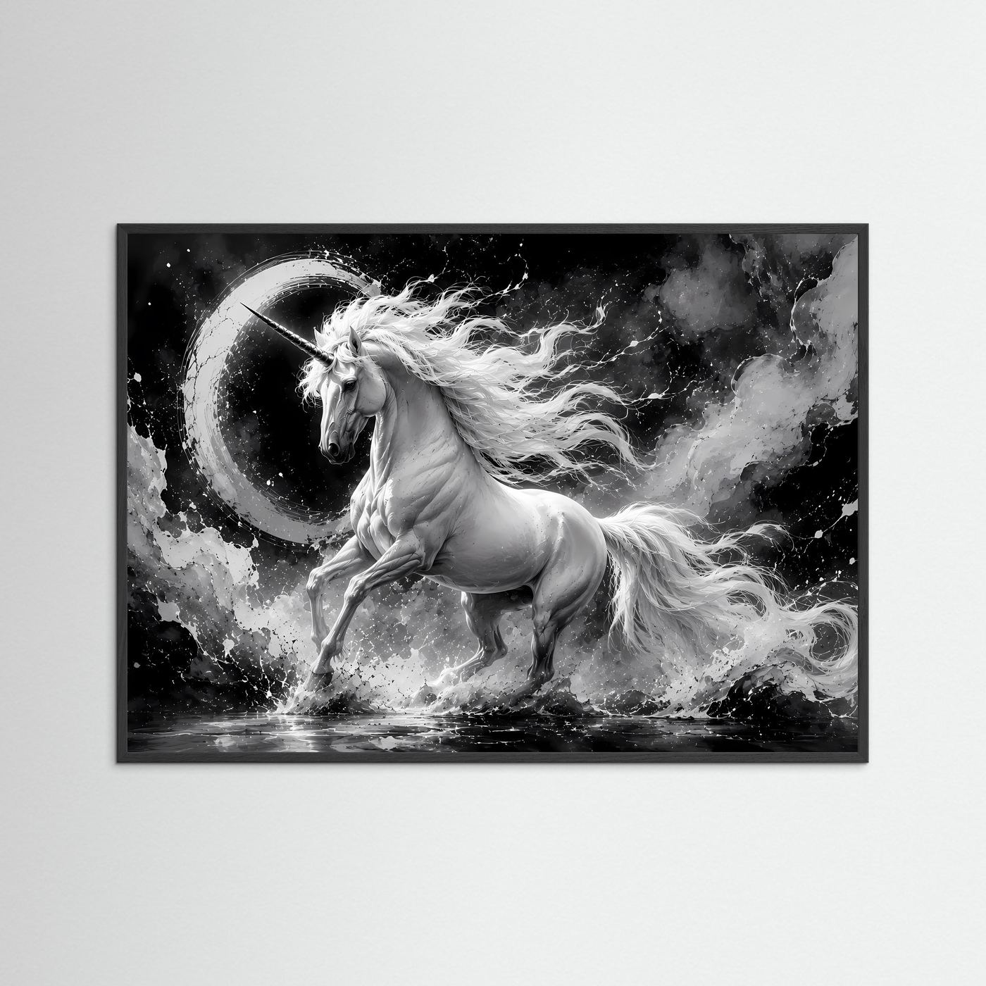 Einhorn Schwarz Weiß Poster Querformat | Mystische Fantasy Wandkunst | Monochrome Elegante Leinwandkunst