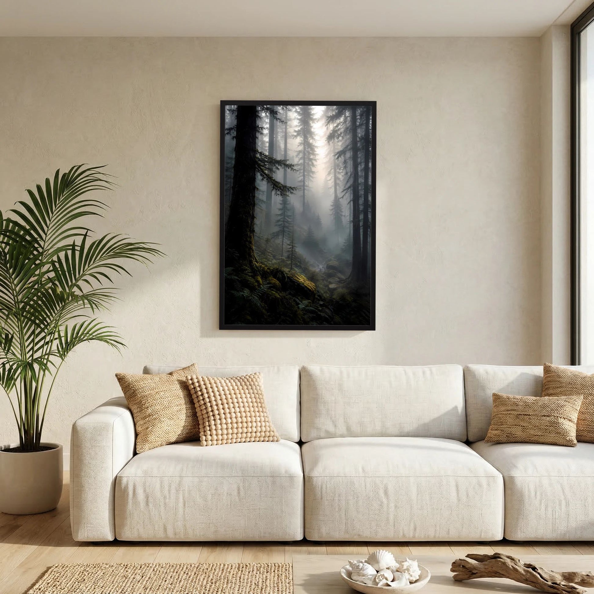 Poster im Hochformat mit dunklem Wald und Lichtstrahlen, schwarz gerahmt in Wohnzimmerszene