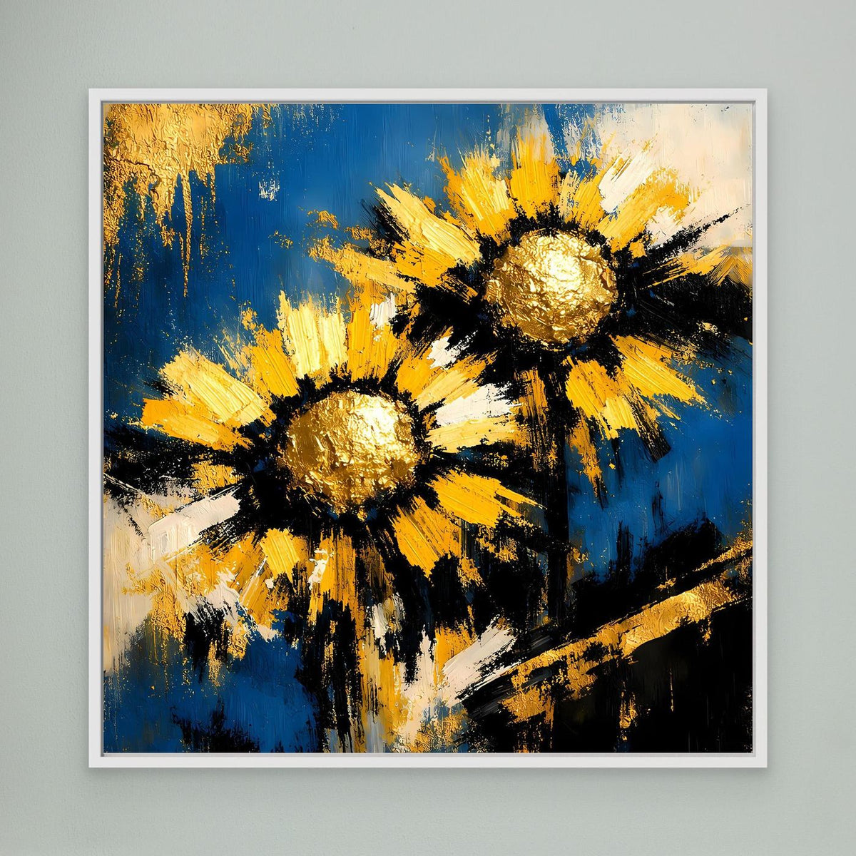 Gerahmtes Wandbild: abstrakte Sonnenblumen in Blau, Gelb und Gold, weißer Rahmen