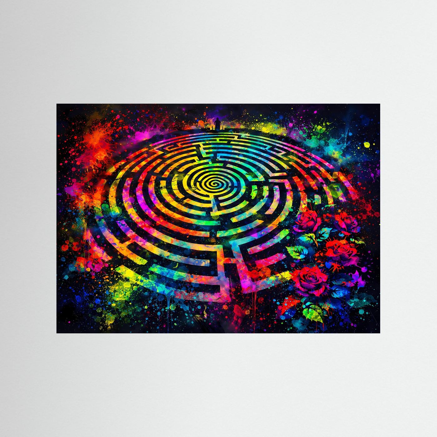 Abstraktes Kunstposter Querformat mit farbigem Labyrinth und Rosen, ohne sichtbaren Rahmen