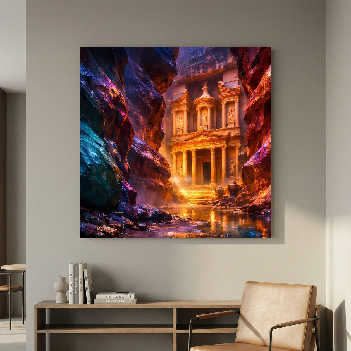 Leinwandbild auf Holzkeilrahmen: Blick auf Petra-Tempel, reflektierendes Wasser im Canyon