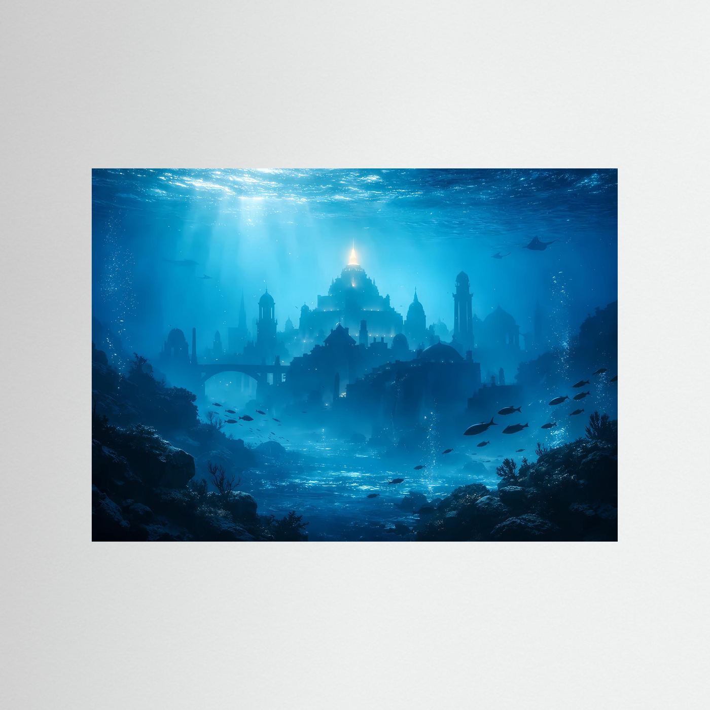 Querformat-Poster mit versunkener Unterwasserstadt, blauem Licht und Fischschwärmen