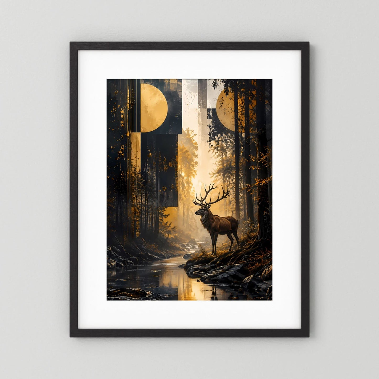Hirsch-im-Wald-Poster mit schwarzem Rahmen und weißer Innenfläche