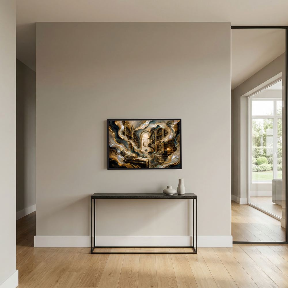 Wandposter im schwarzen Rahmen, surrealer Bücherraum mit goldenen Verzierungen und türkisfarbenen Flächen