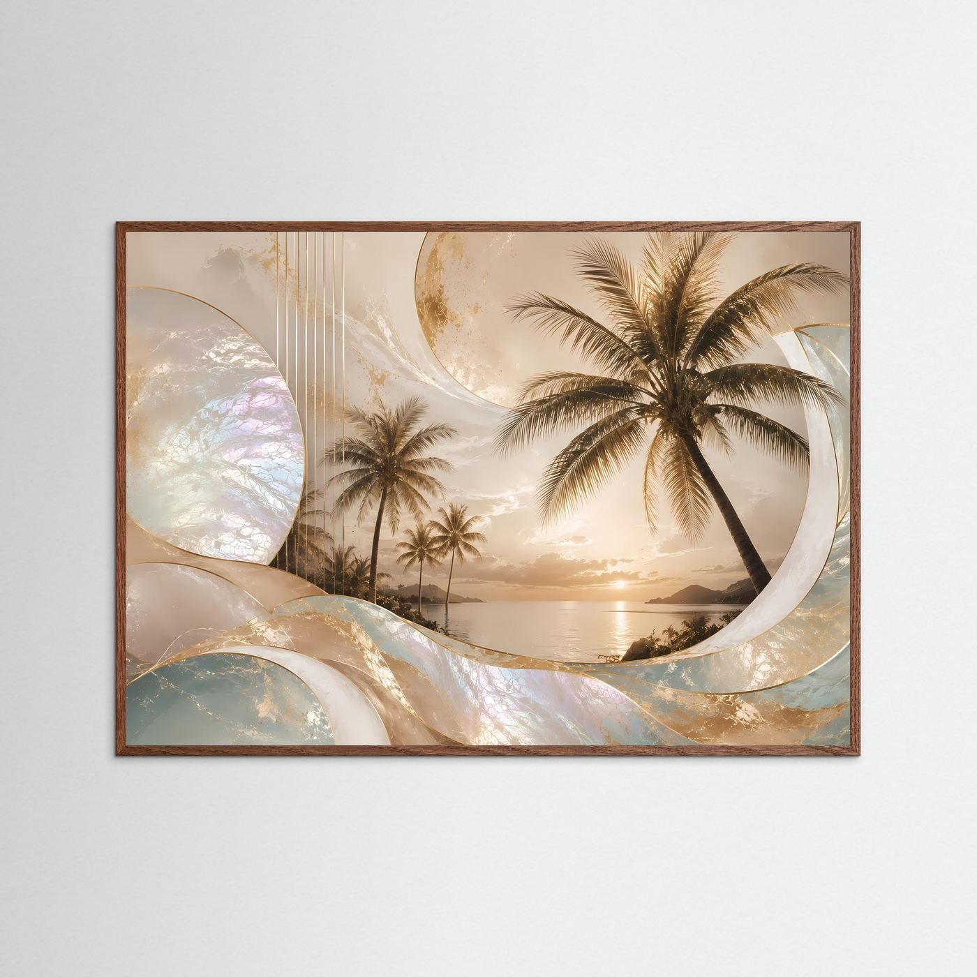 Poster Querformat mit Palmen und Sonnenuntergang, dunkle Eiche gerahmt