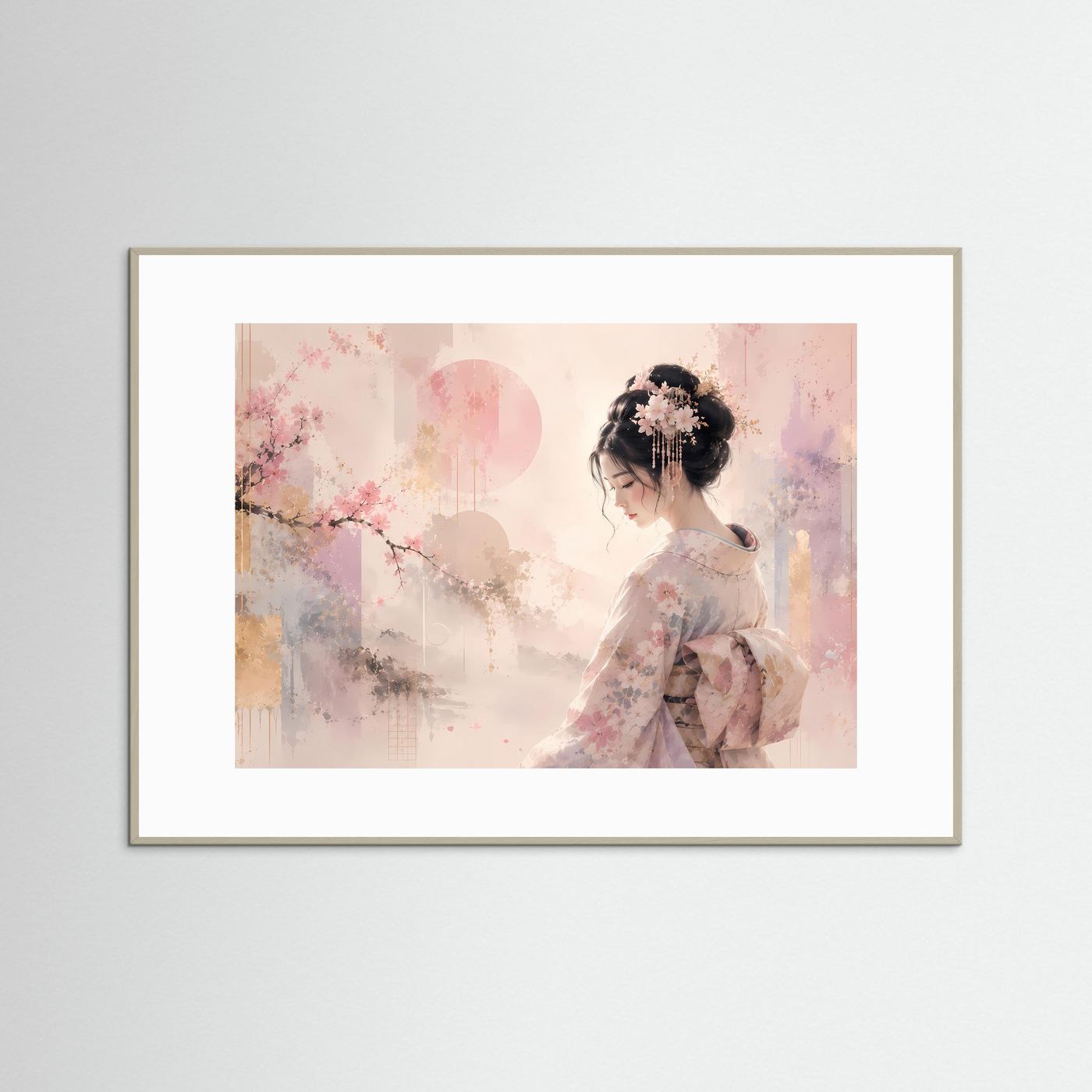 Japanische Geisha mit Kirschblüten | Elegante Pastell Kunst
