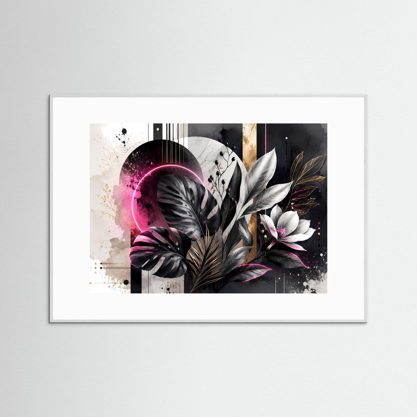 Abstrakte Botanik in Schwarz, Weiß & Pink | Monstera mit Neon & Gold – Moderne Wandkunst