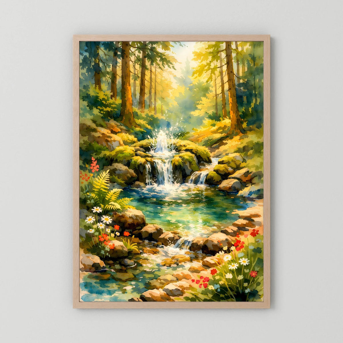 Hochformatiges Poster: Aquarell-Wald mit Wasserfall und Blumen am Bach, Holzrahmen.