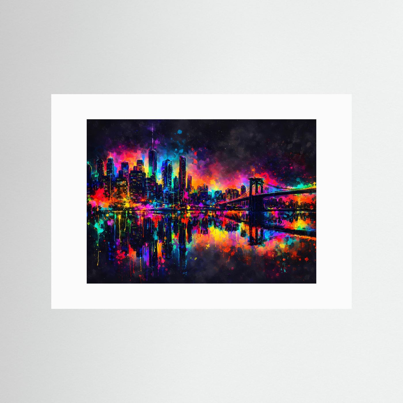 Wandbild New-York-Skyline mit Brooklyn Bridge in Neonfarben, mit weißem Rand