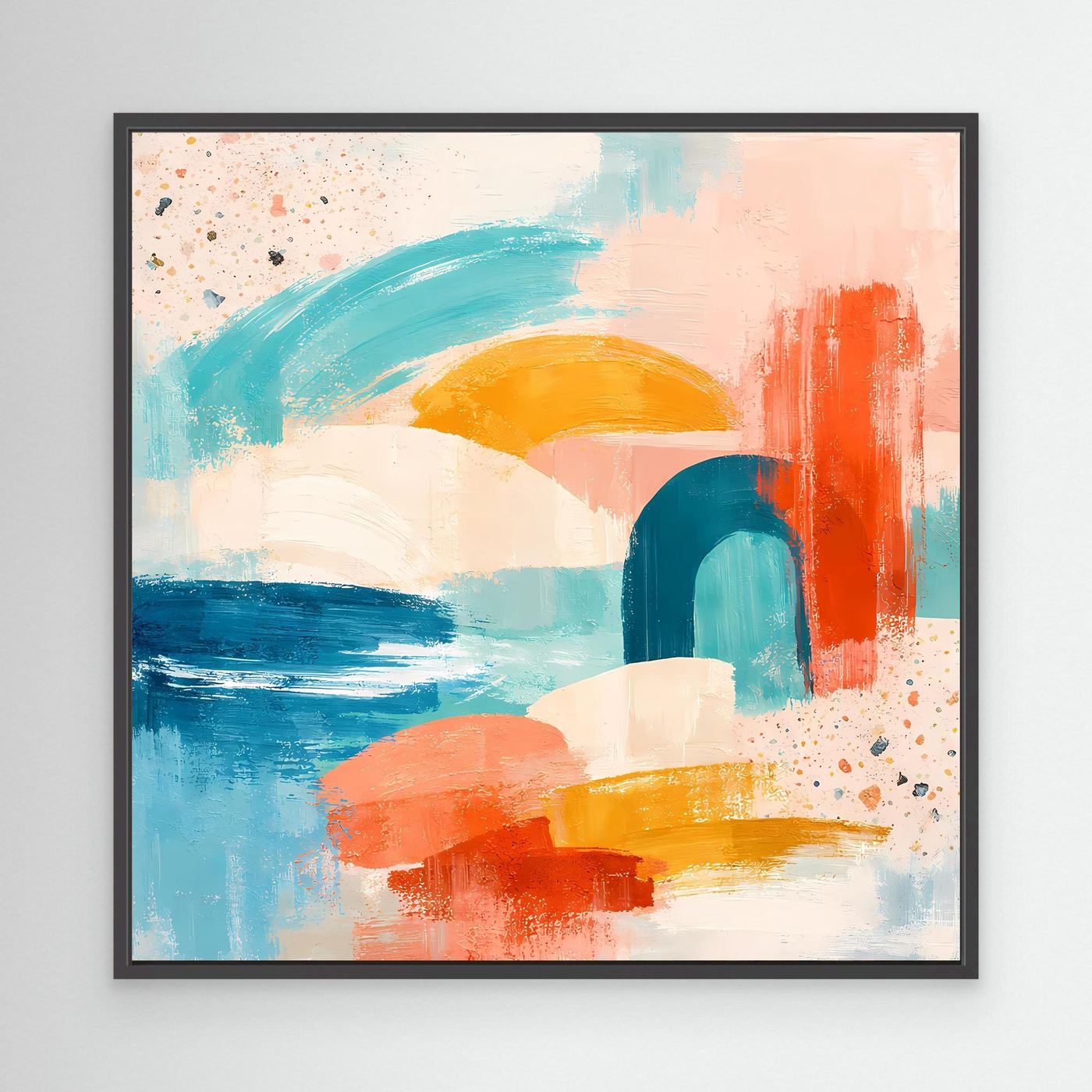 Black-framed abstract pastel canvas wall art with teal, peach, orange and blue blocks