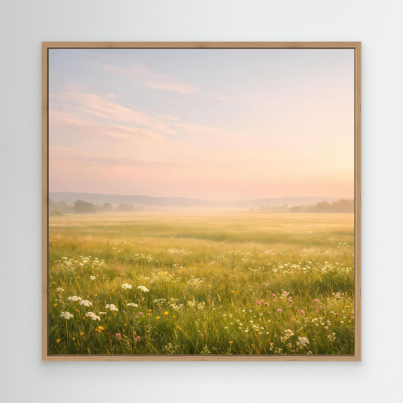 Leinwandbild Neblige Blumenwiese mit Wildblumen im Eichenrahmen, goldgrünes Gras