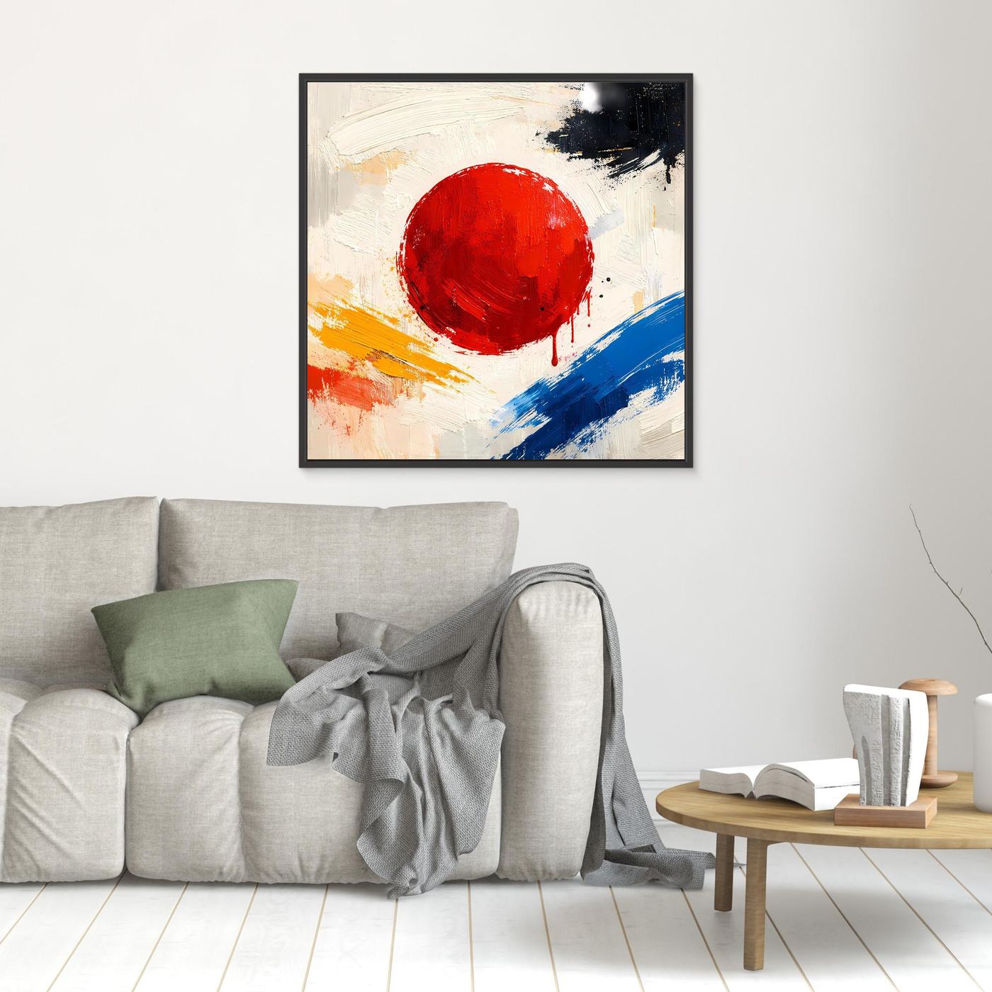 Small abstract wall canvas with red sun circle and blue, orange brush strokes, black frame.