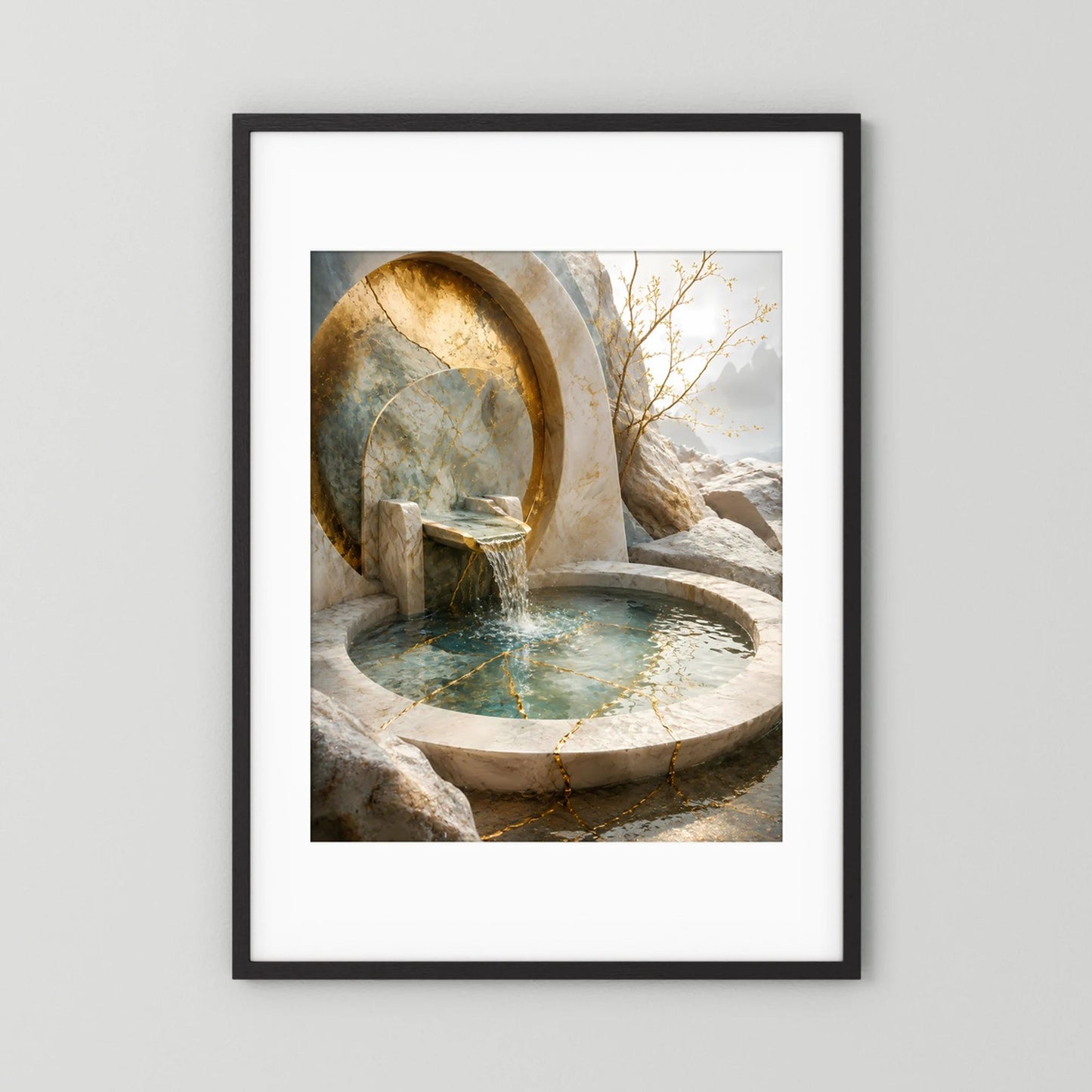 Hochformat-Poster mit schwarzem Rahmen: Rundbrunnen, goldene Felsnische und sprudelndes Wasser