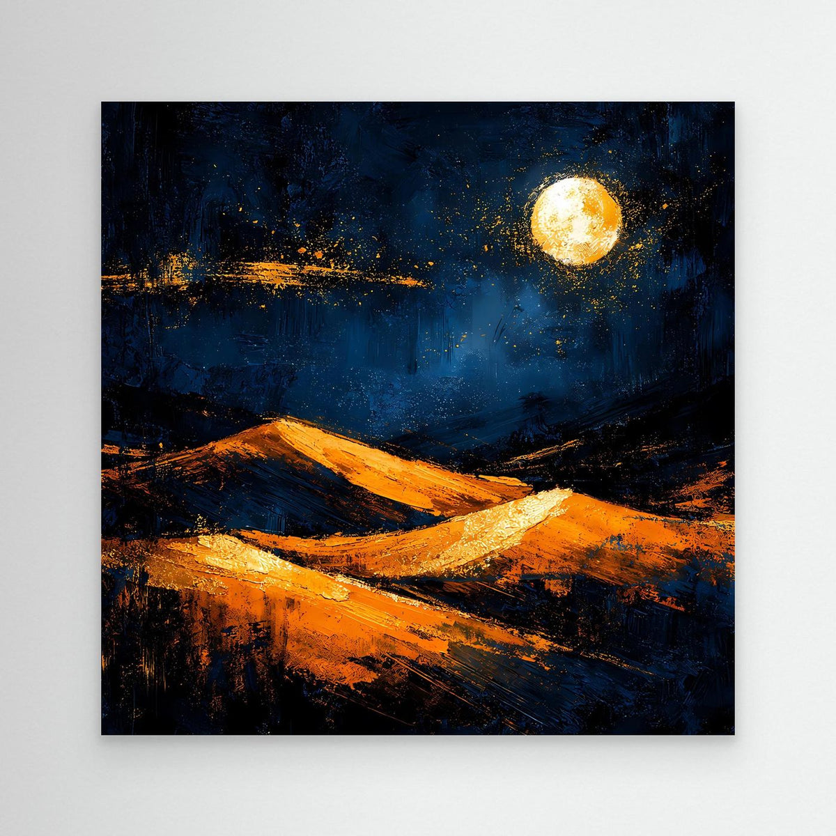 Abstraktes Leinwandbild: dunkles Blau, goldene Sonne, orange Dünen, ohne Rahmen
