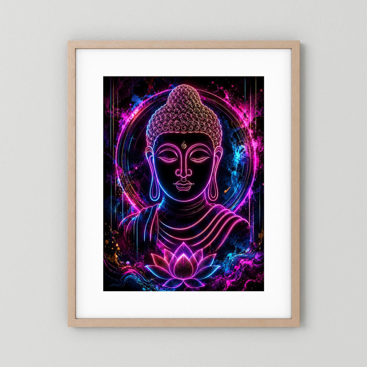 Neon-Buddha-Kunstwerk im beigen Holzrahmen, Buddha mit Lotus in pink-blauem Neon