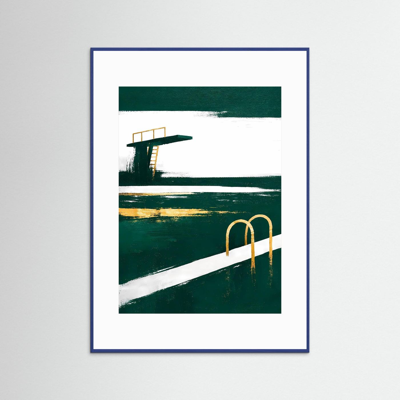 Gerahmtes Hochformat-Poster mit grünem Pool, weißer Fläche und goldener Badeleiter, blau gerahmt