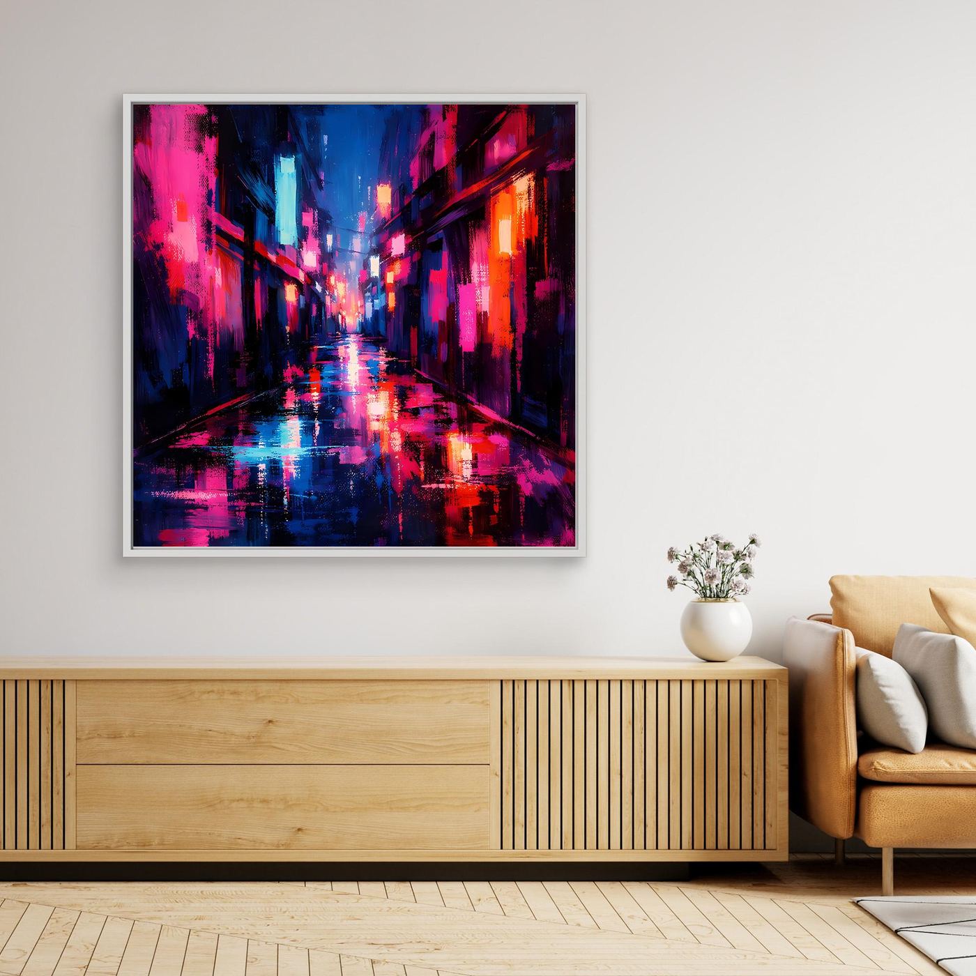 Leinwand Cyberpunk Nachtgasse im Regen | Modernes Neon Wandbild