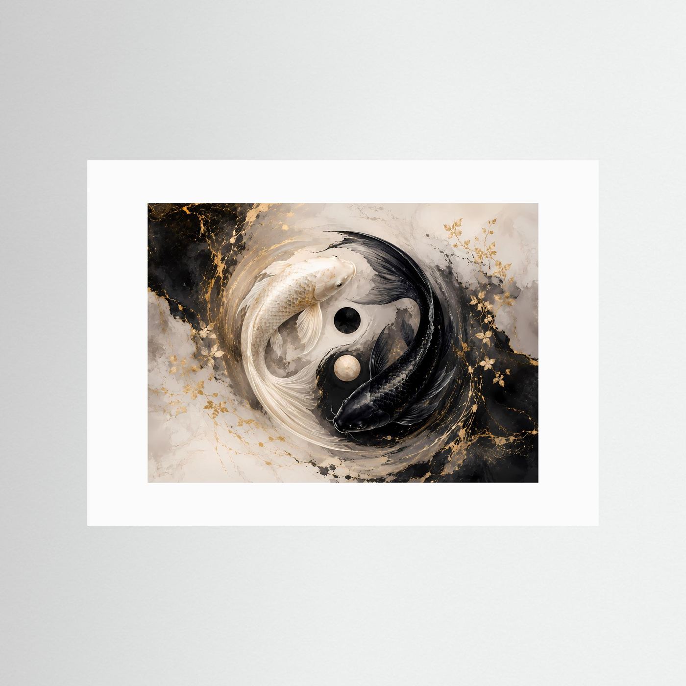 Leinwandbild mit Yin-Yang-Koi, schwarze und weiße Fische, goldene Sprenkel, mit weißem Rand