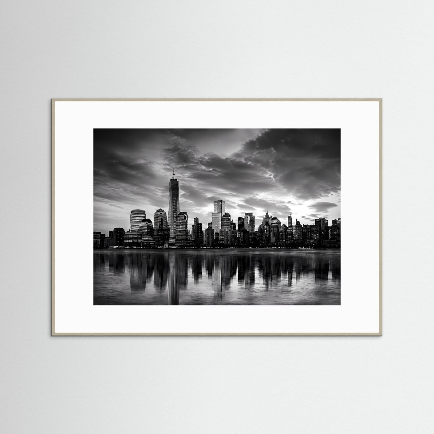 Schwarzweiß-Poster der Manhattan-Skyline, Querformat, helle Holzrahmung
