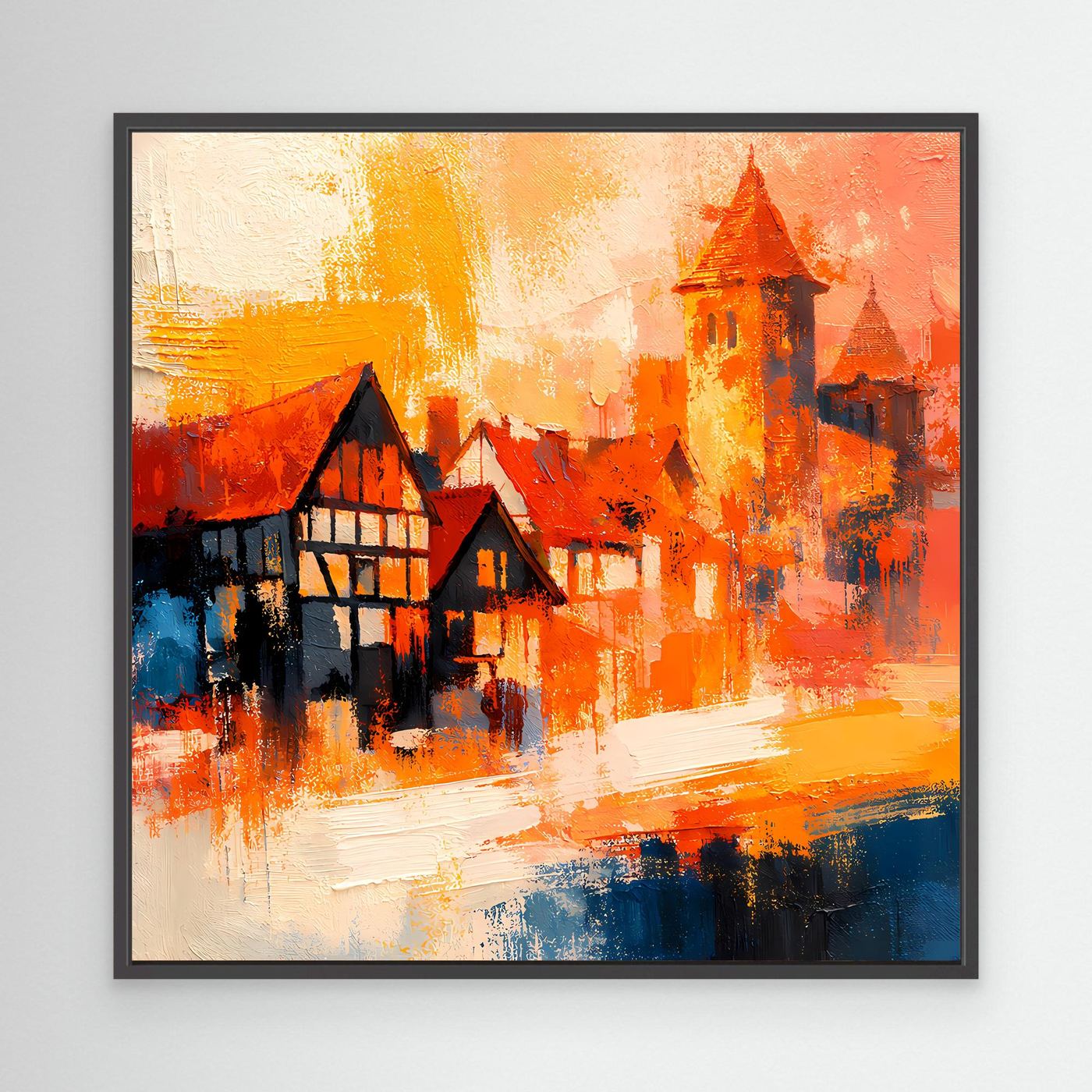 Premium Leinwand Romantische Altstadt im Farbenrausch | Modernes Fachwerk Wandbild abstrakt