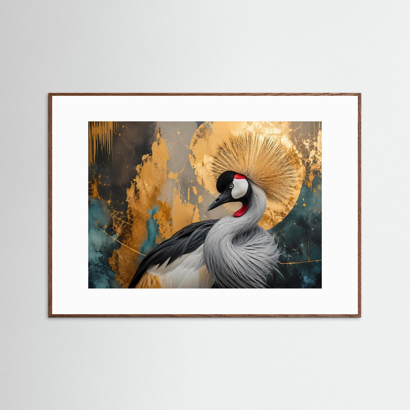 Majestätischer Kronkranich in Gold & Petrol | Modernes Wandbild mit Tier-Motiv & Fluid Art