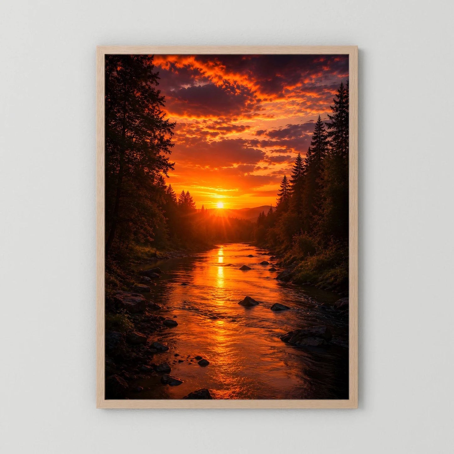 Hochformatiges Poster Sonnenuntergang mit Fluss im Wald, helzbrauner Holzrahmen