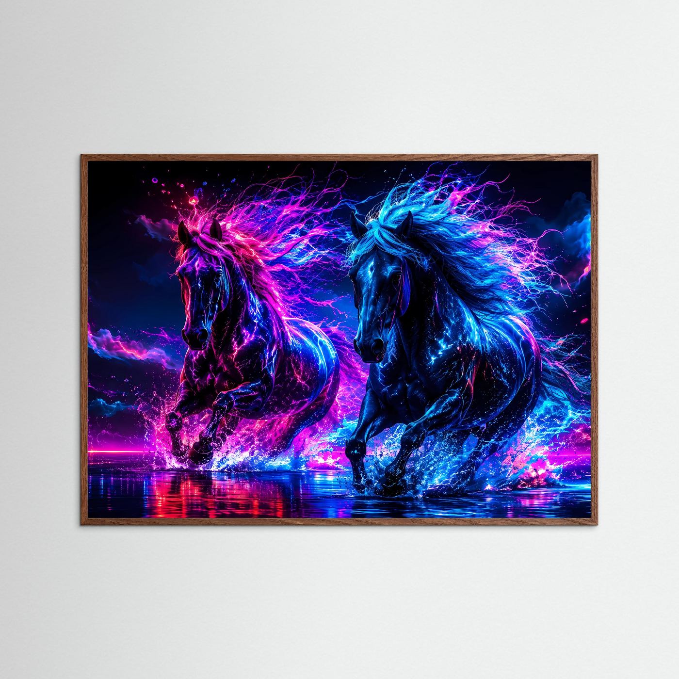 Neon Pferde Poster Querformat | Futuristische Pferde Wandkunst in Pink & Blau | Modernes Cyberpunk Wandbild