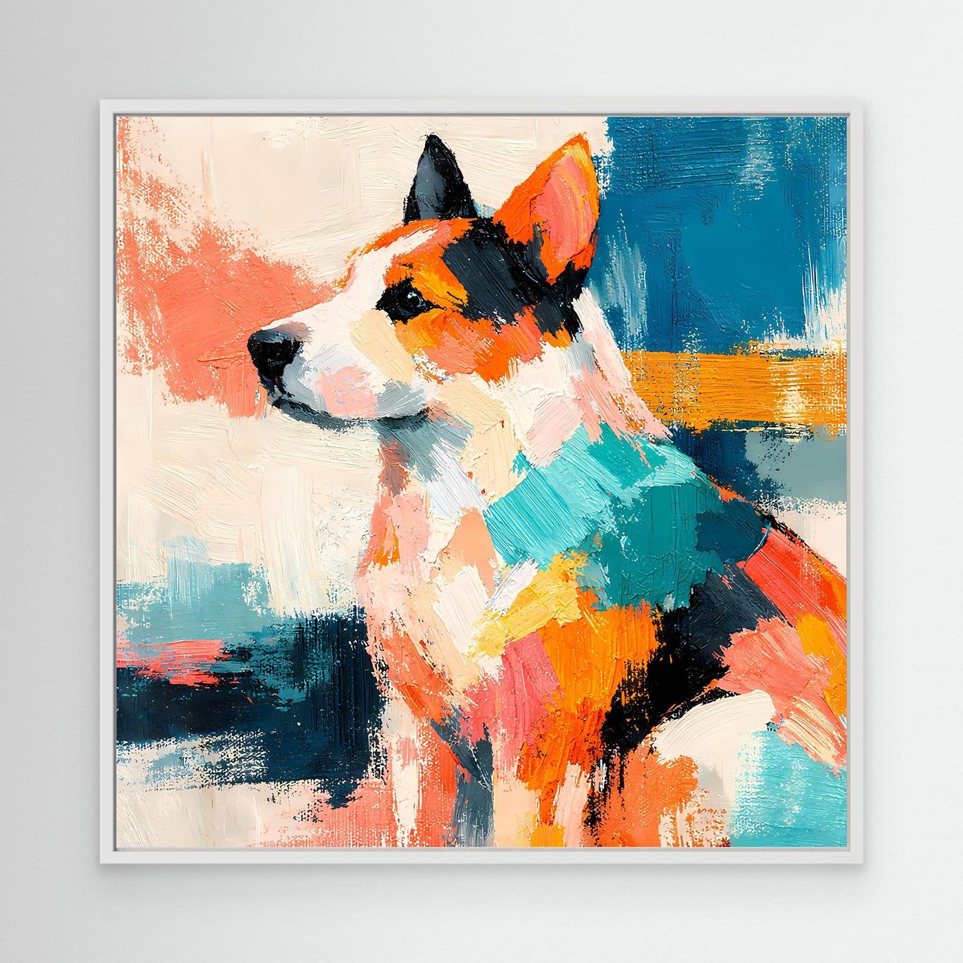 Leinwand-Wandbild mit abstraktem Hund im Pop-Art-Stil, helles Rahmenprofil