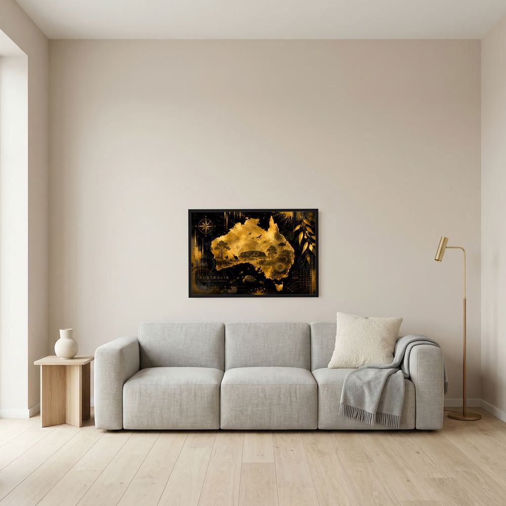 Kleines gerahmtes Poster mit abstrakter Australienkarte in Schwarz und Gold