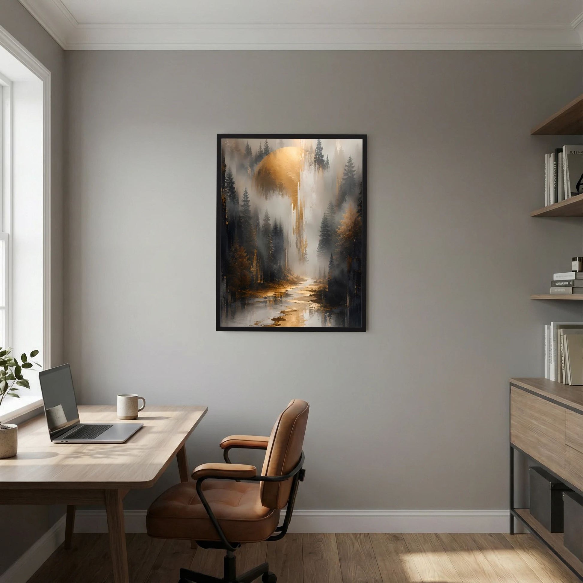Poster im Hochformat mit schwarzem Rahmen: Waldlandschaft mit Fluss und Goldlicht.